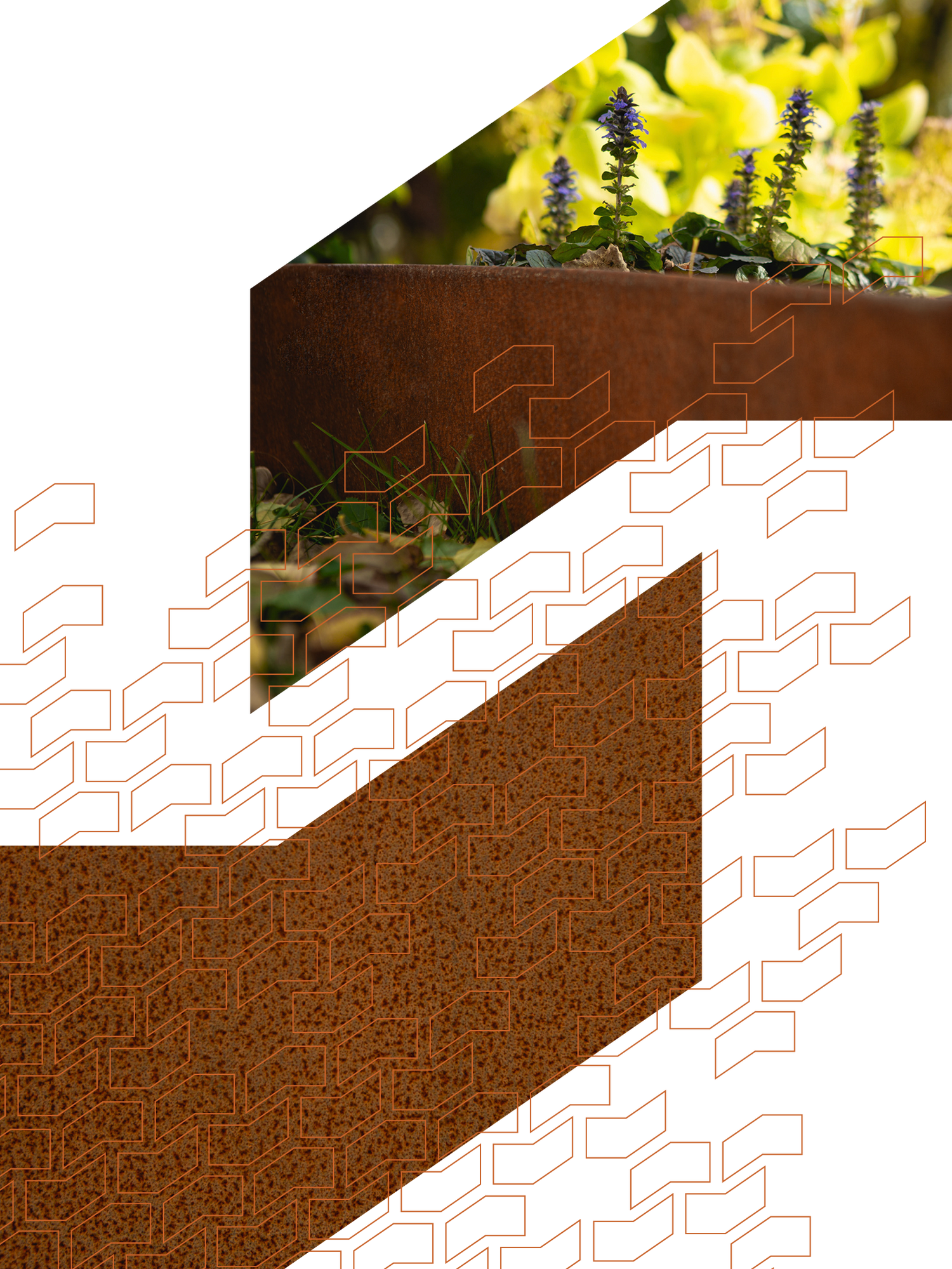 Company logo filled with two images, bottom of Corten color and texture, and top of Corten garden edging holding growth
